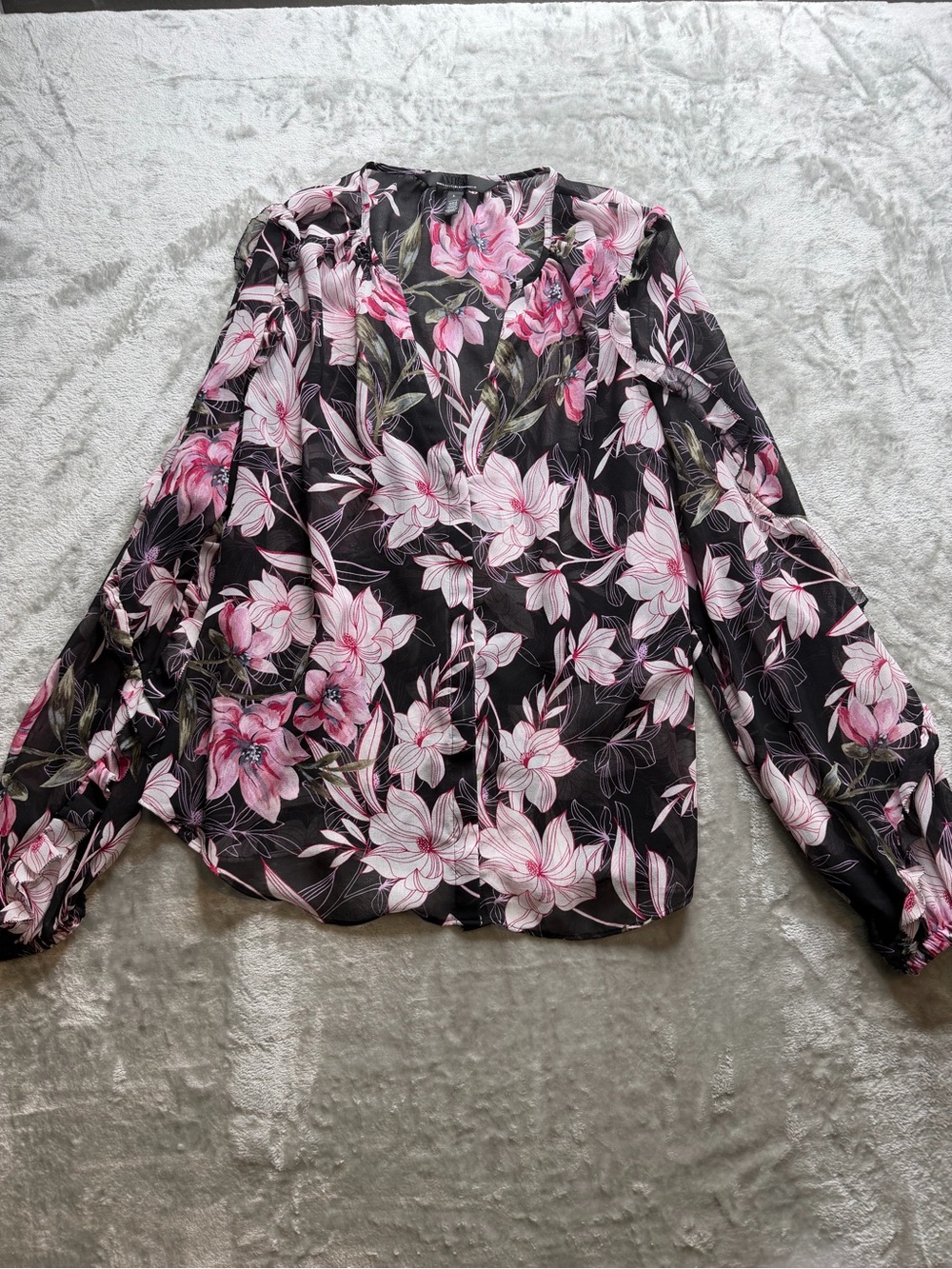 WHBM Sheer Floral V-Neck Long-Sleeve Blouse - Pink on Black